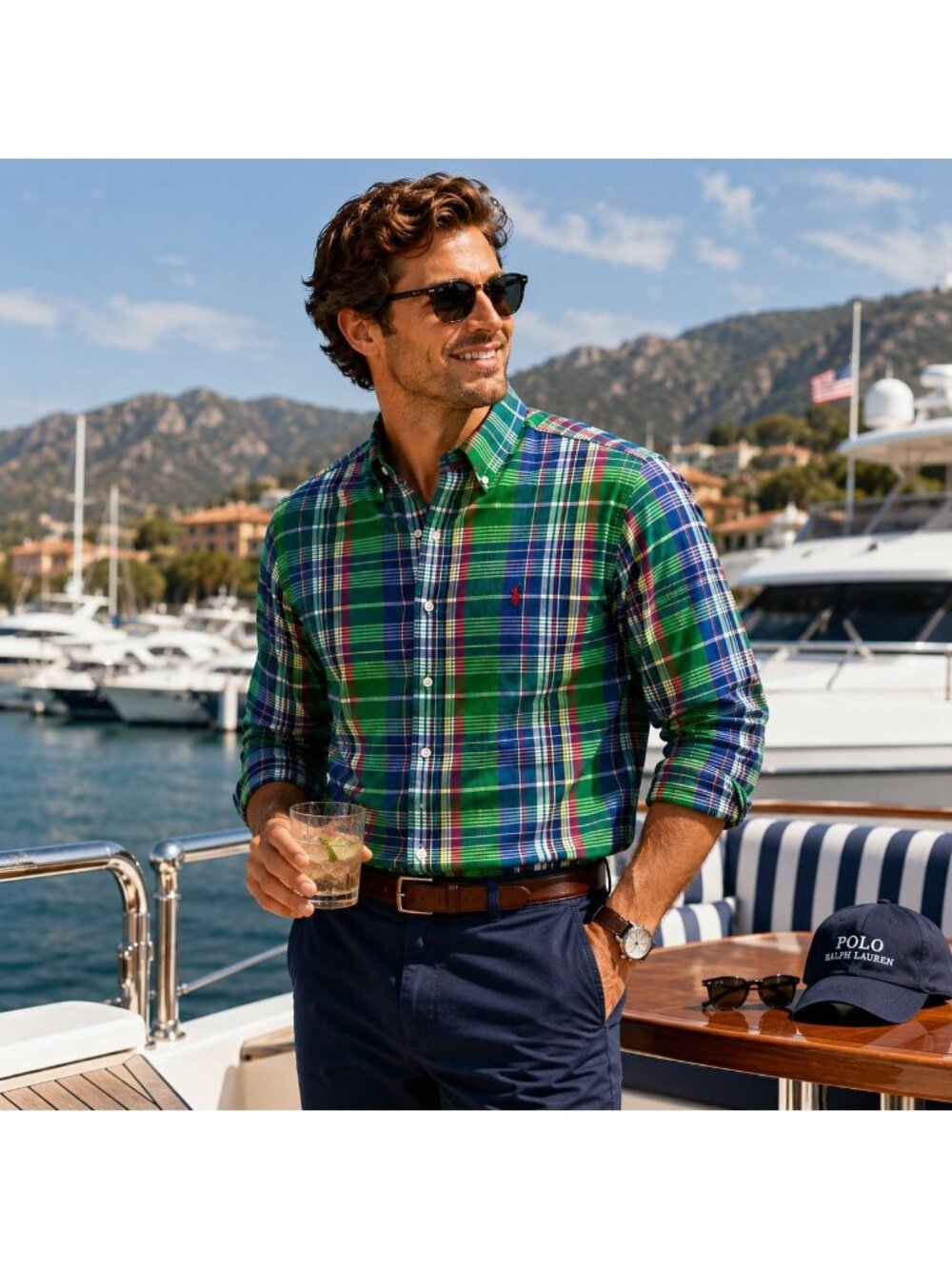 Ralph Lauren Mens Green Blue Plaid Button-Down Shirt XL Custom Fit Cotton Long S